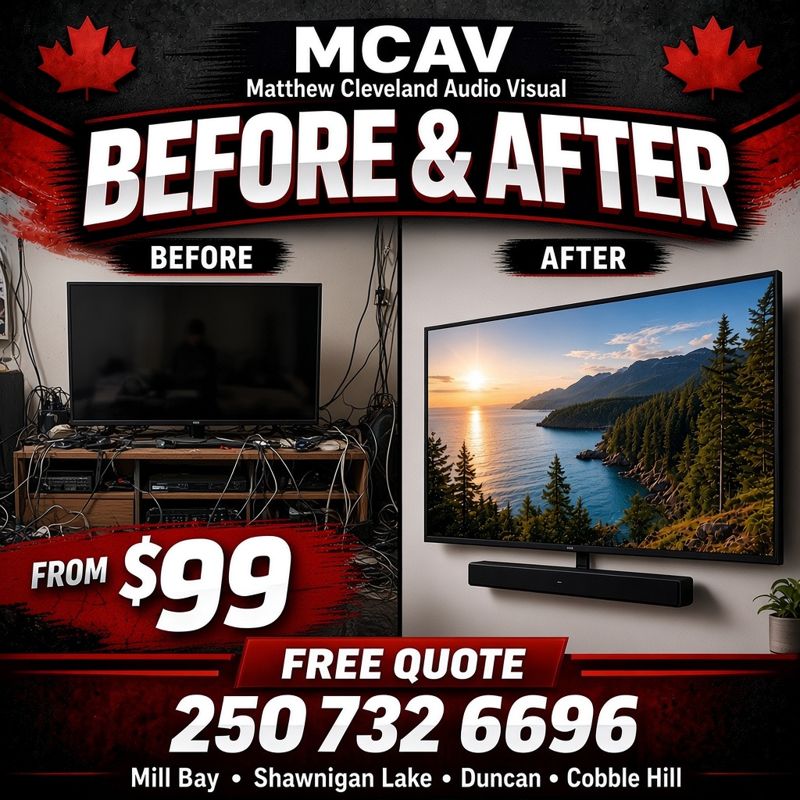 Before and after: messy cables vs. a clean wall-mounted TV